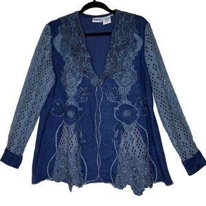 Vintage Newport News Styleworks Jacket Denim  With Crochet Lace Size 10 Y2K